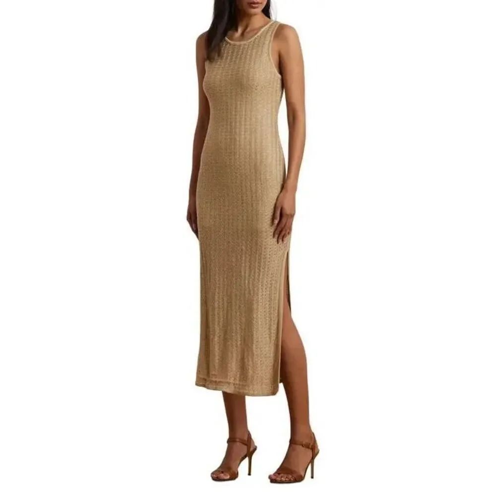 Lauren Ralph Lauren Gold Tan Knit Sleeveless Midi Dress Side Slit Lined Size XL